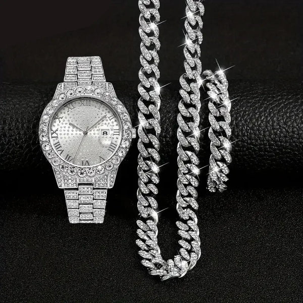 A silver-toned watch and a long Cuban chain necklace displayed on a black background.