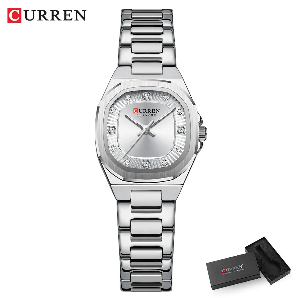 Silberquarz-Armbanduhr mit Metallarmband und schwarzer quadratischer Box