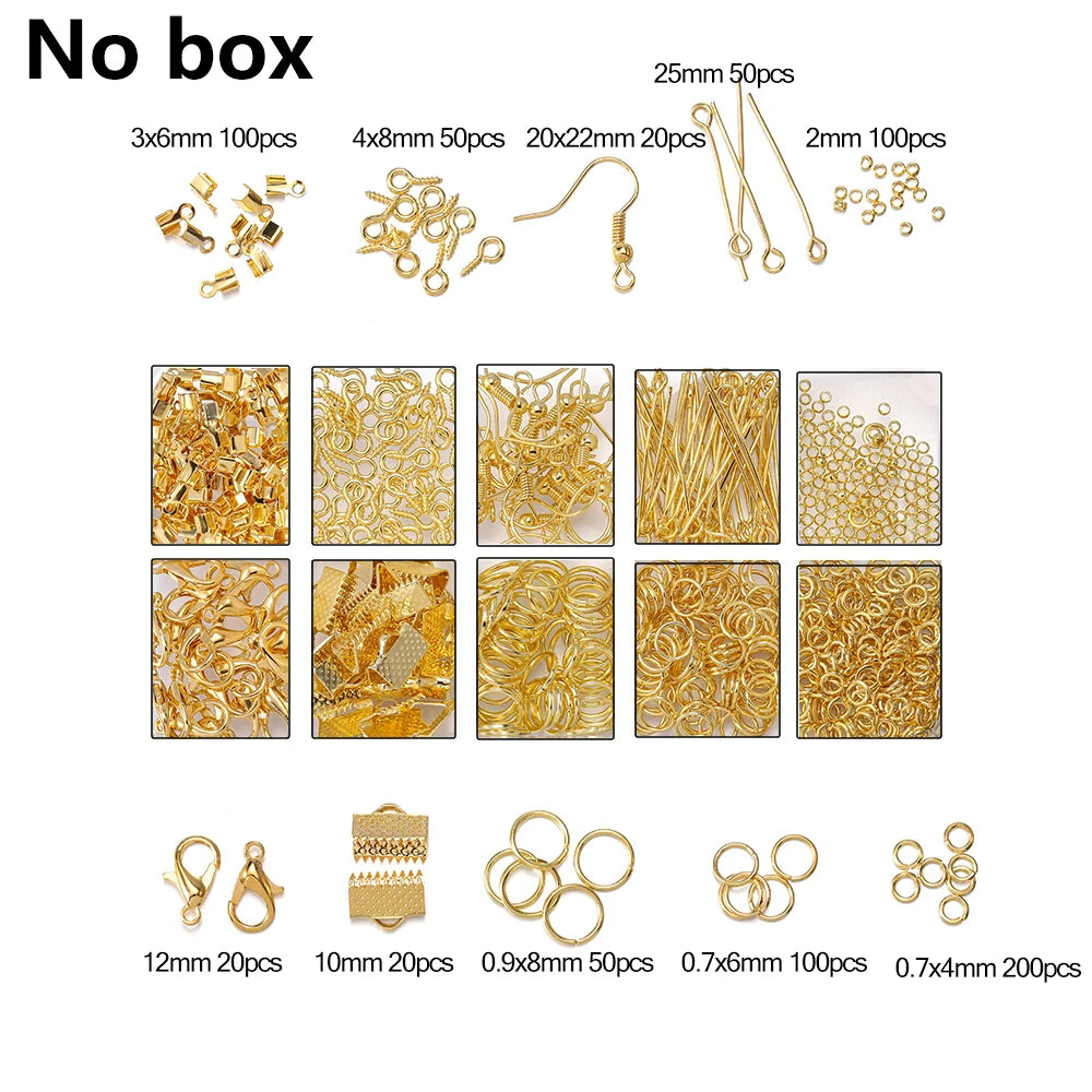 A collection of gold-colored jewelry findings including clasps, hooks, jump rings, and various sizes.