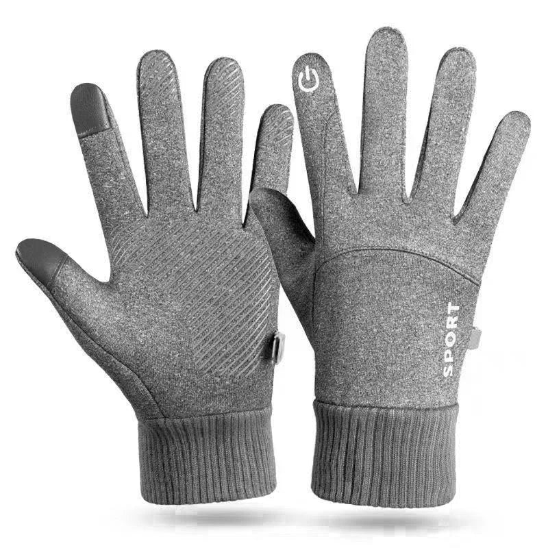 A pair of gray winter gloves with a sport design shown against a white background.