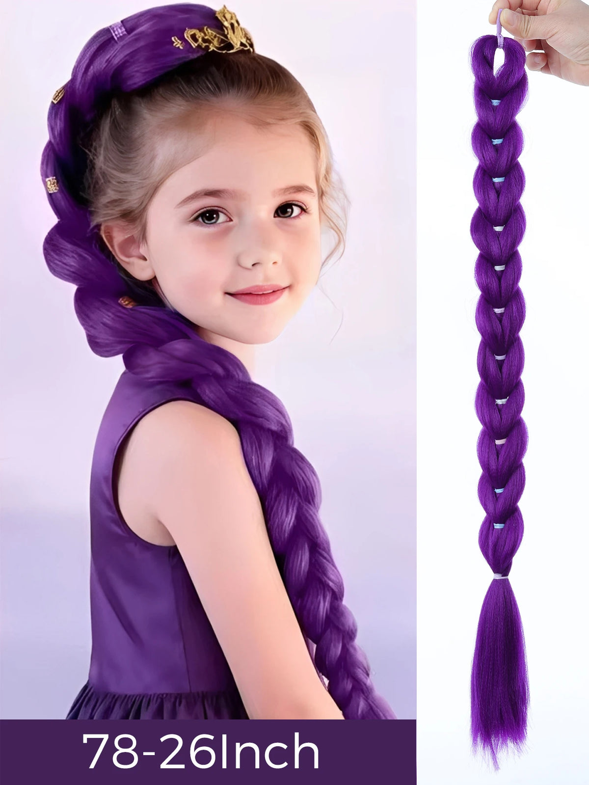 A young girl models a long purple synthetic braided ponytail for kids girls, showing the hair extension length.