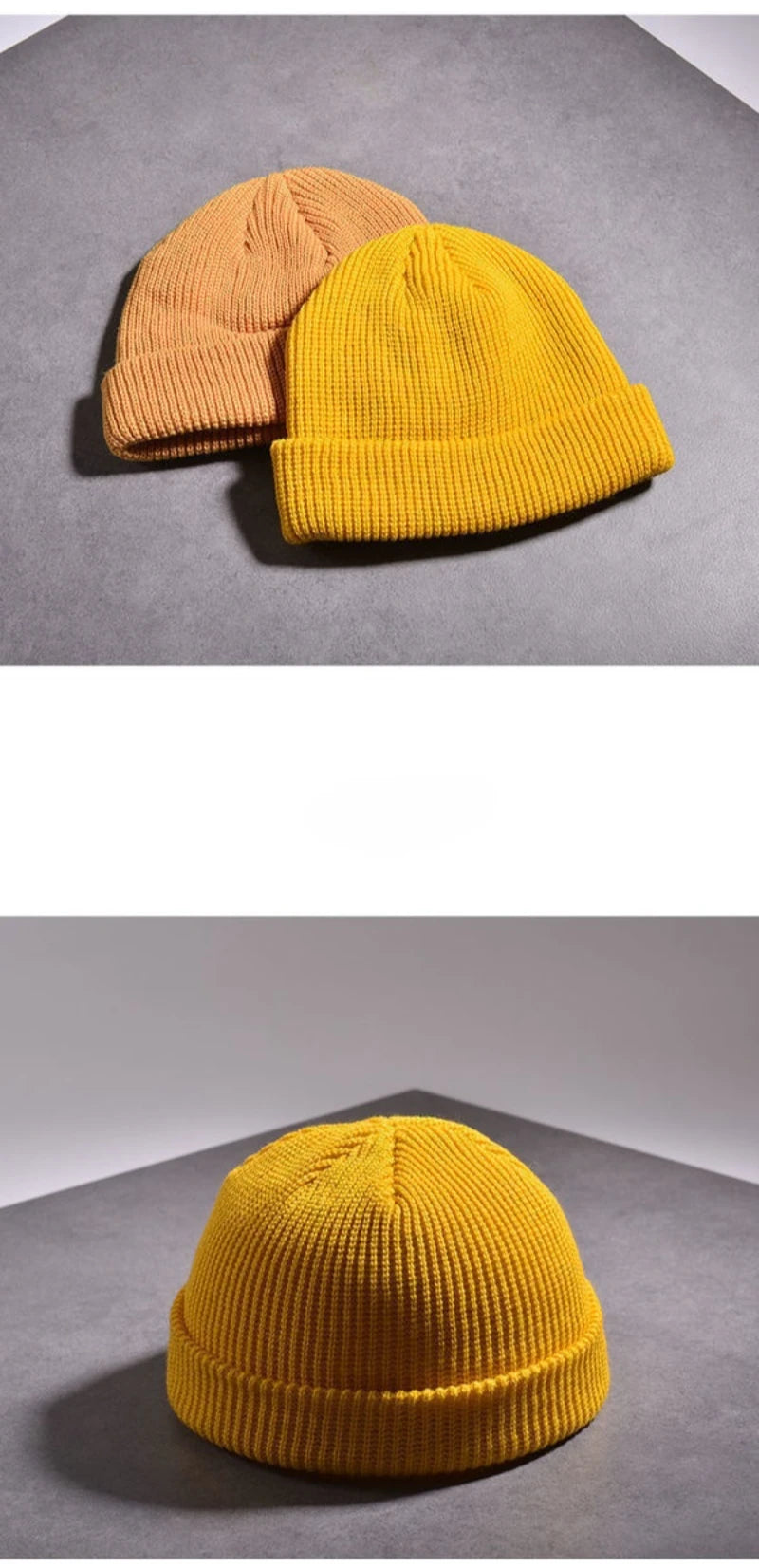 A yellow knitted beanie cap shown next to an orange knitted beanie cap on a gray background.