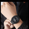 A close-up of a black SKMEI fashion watch worn on a wrist against a dark background.
