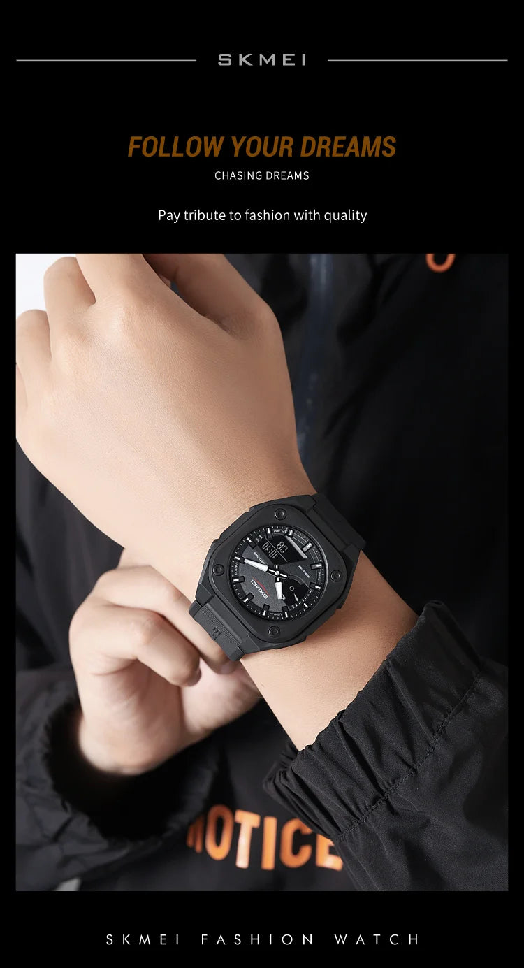 A close-up of a black SKMEI fashion watch worn on a wrist against a dark background.
