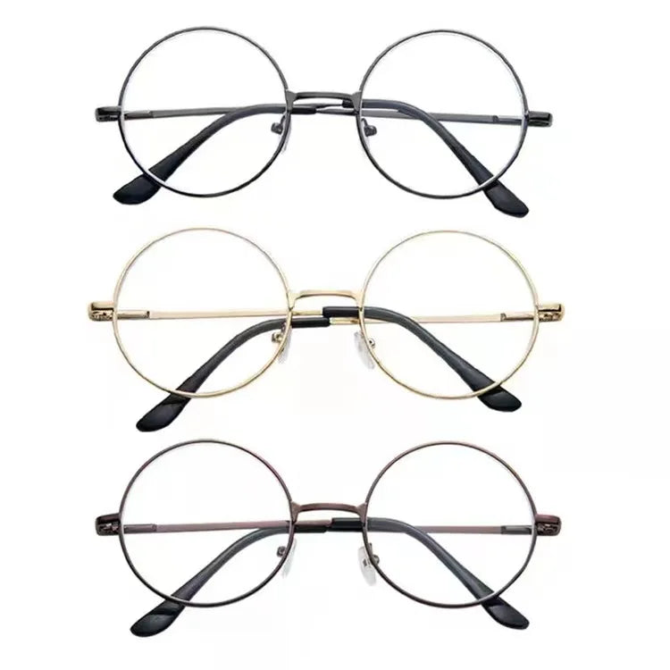 Un juego de gafas redondas de metal anti-luz azul en tres acabados diferentes.