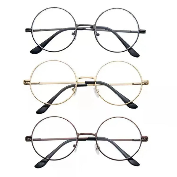 A set of round metal anti-blue light eyeglasses shown in three different finishes.