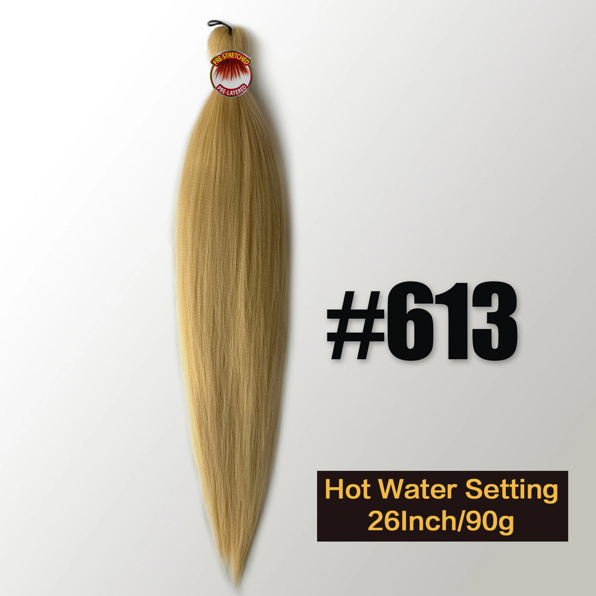 A bundle of golden blonde pre-stretched Kanekalon braiding hair extensions labeled #613, 26 inches long and weighing 90 grams