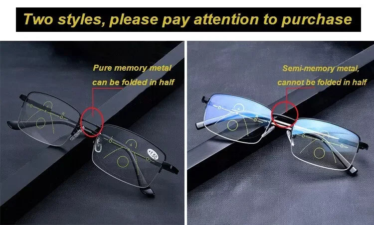 Two styles of photochromic progressive reading glasses are shown, highlighting the difference between pure and semi-memory me