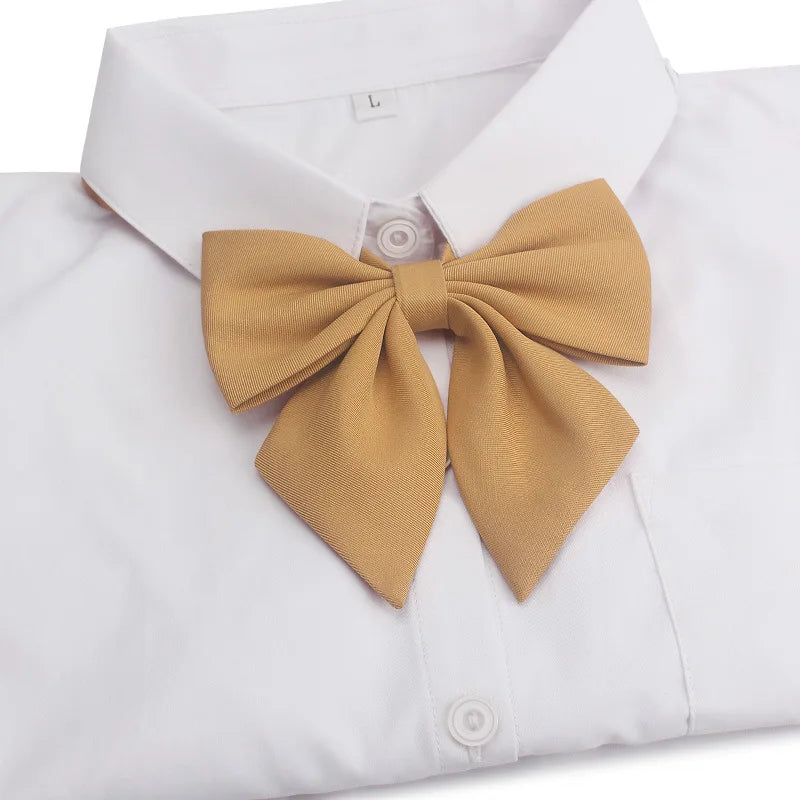 White collared shirt with a mustard yellow butterfly ribbon tie set