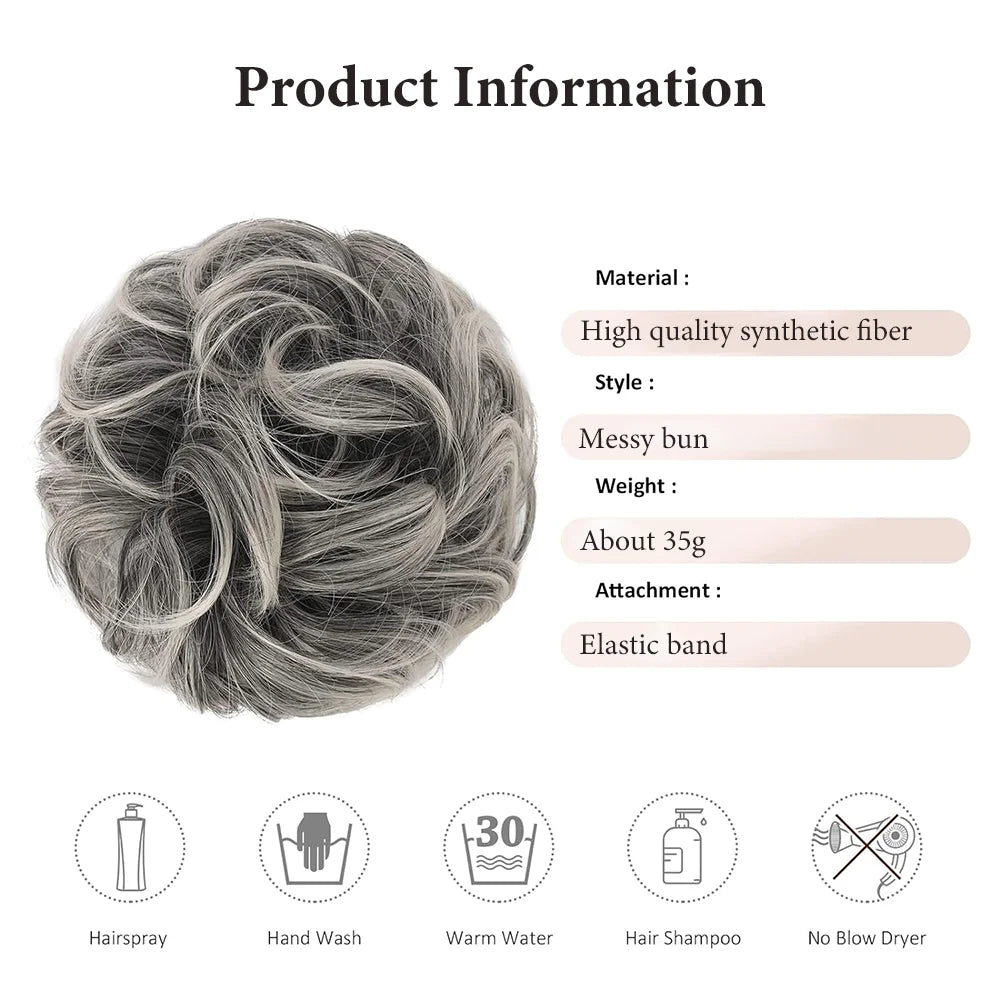 A gray messy bun hairstyle featuring hair pieces secured with an elastic band.