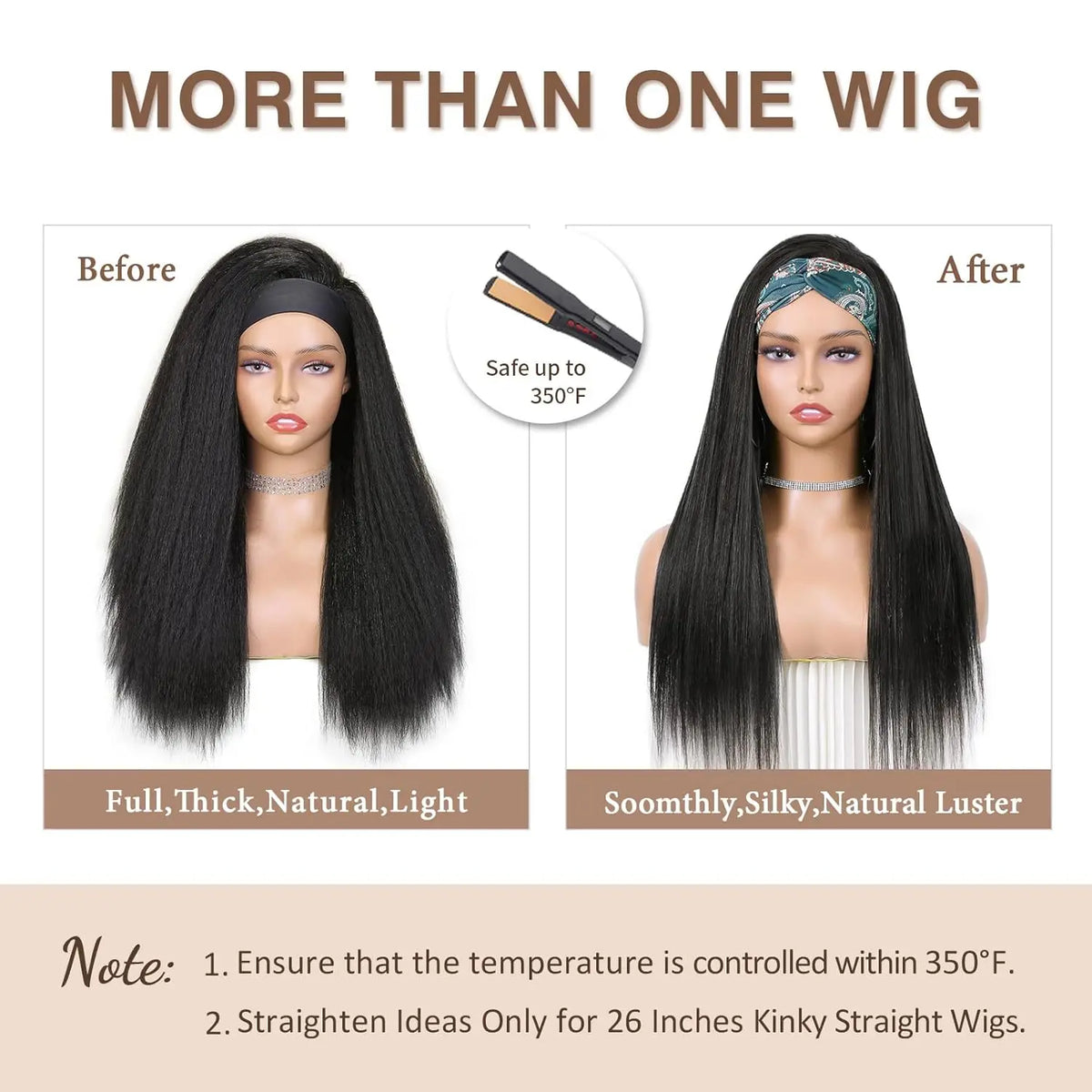 Before and after comparison of a black straight wig showing texture and luster changes