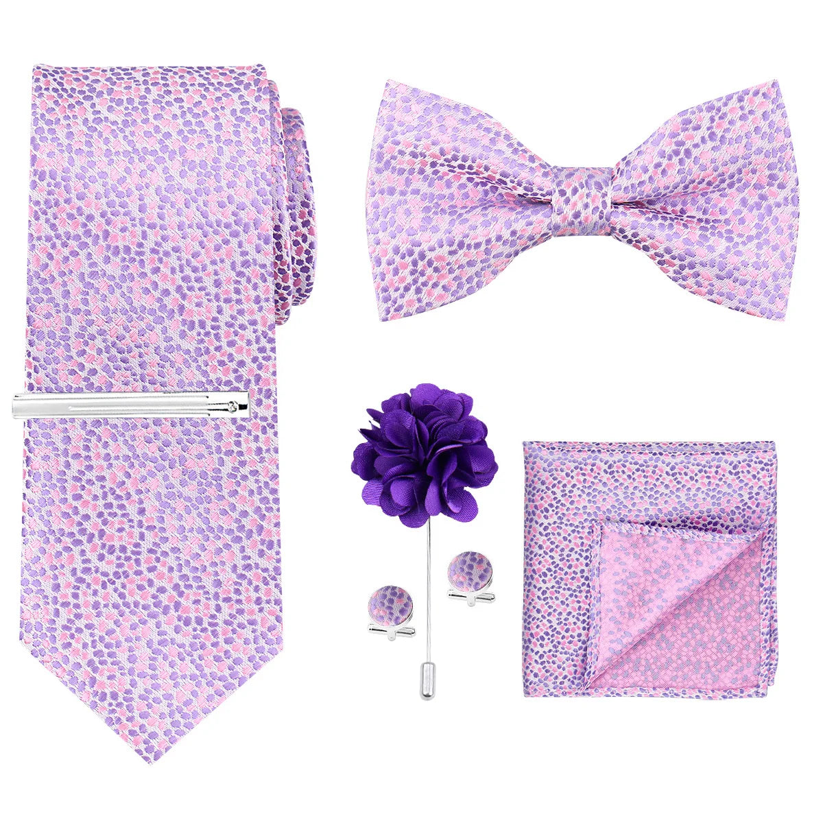 A purple polka dot men's formal tie and bow tie set with a matching pocket square.
