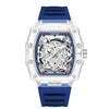A blue and clear quartz watch with a luminescent calendar dial and a sapphire crystal case.