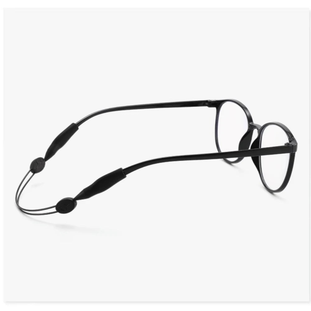 Black universal adjustable eyewear retainer strap with flexible elastic cord