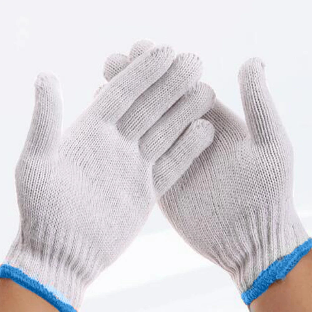 A pair of light gray cotton thread work gloves being held together.