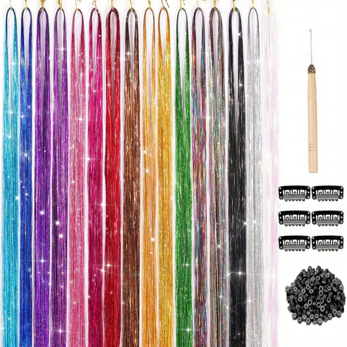 A collection of twelve strands of colorful synthetic hair tinsel in various shades including blue, purple, pink, red, gold, g