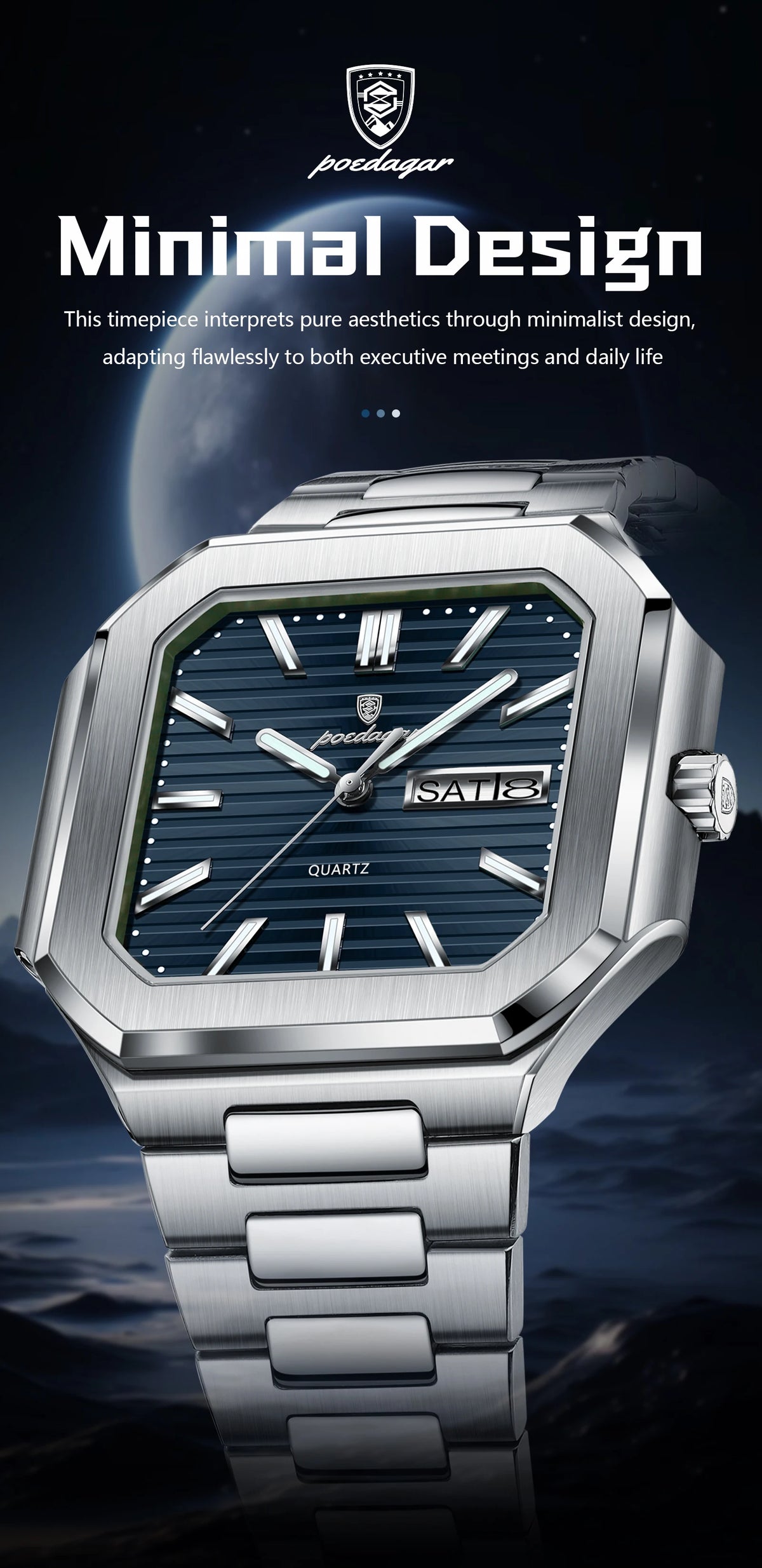 A close-up shot of a stainless steel watch with a blue dial and silver bracelet against a dark background.