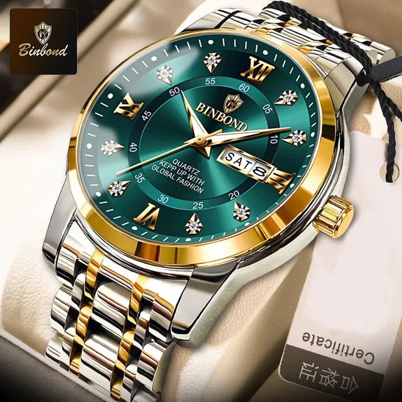 A close-up of a gold and silver quartz watch with a dark green dial and leather strap resting on a white background.