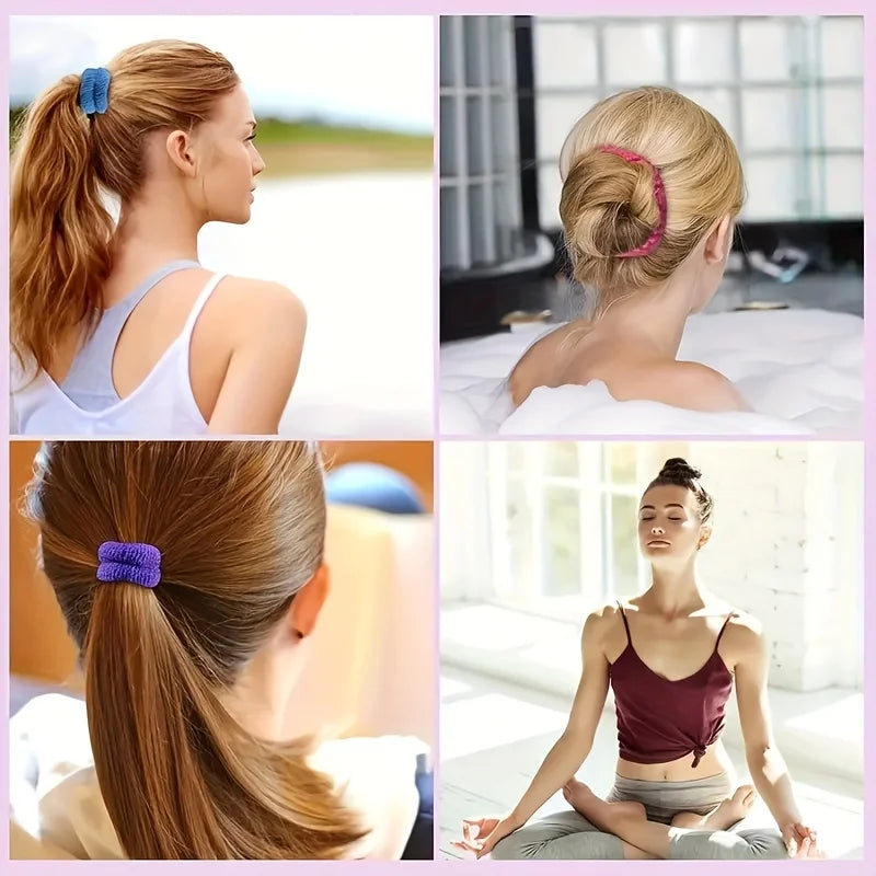 Close-up photos showing various styles of ponytails and updos using multi-color cotton elastic hair ties