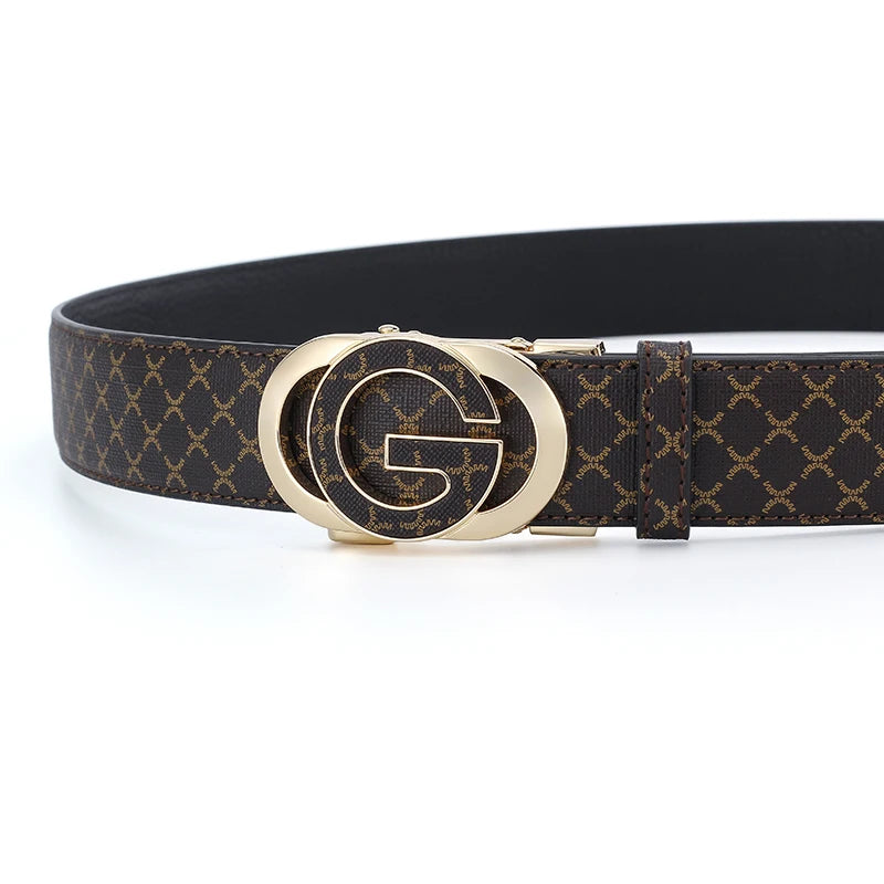 A black faux leather plaid waist belt with a gold initial buckle.