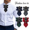 A white dress shirt displayed with three different fashion bow ties featuring black and red embellishments.