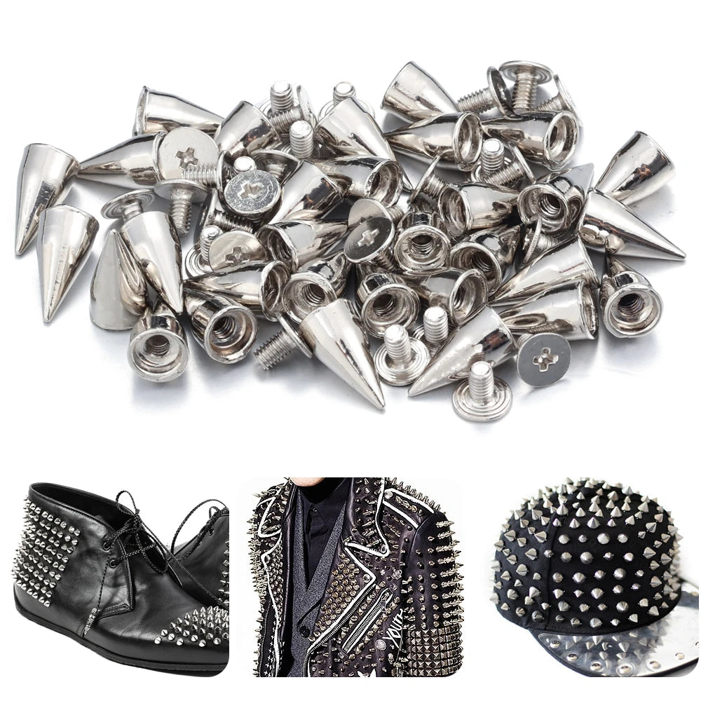 A collection of silver punk rock bullet rivets and studs for DIY crafting.