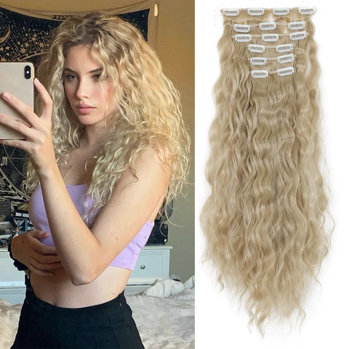 A close-up of a woman modeling 22 inch curly wave synthetic hair extensions with 16 clips.