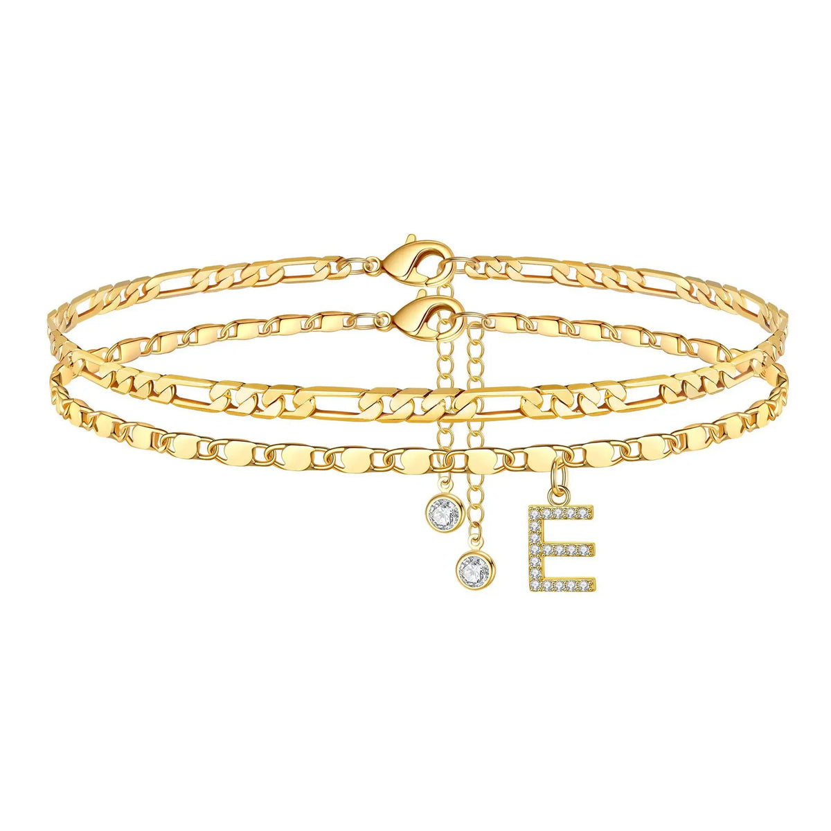 Gold plated initial letter anklet featuring a chain and a dangling letter E.