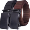 A black tactical canvas utility belt with a brown strap and black buckle shown from the side.