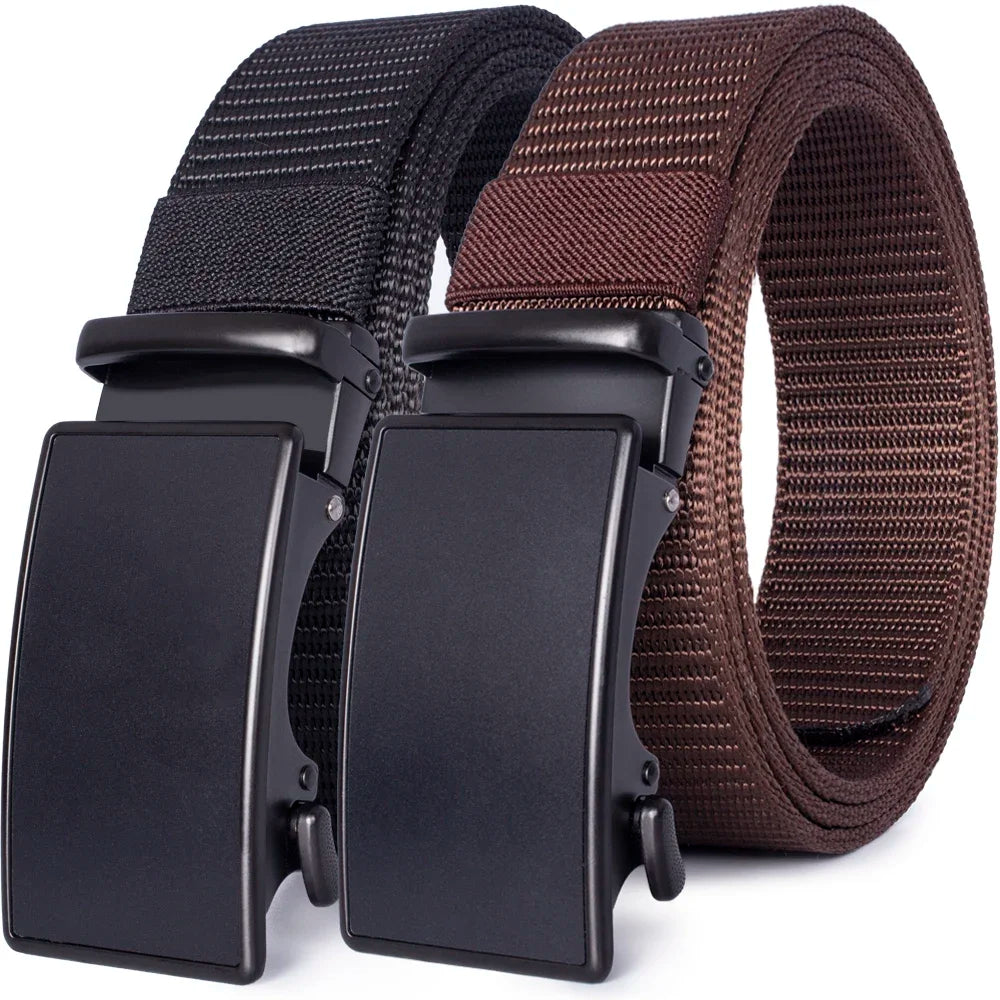 A black tactical canvas utility belt with a brown strap and black buckle shown from the side.