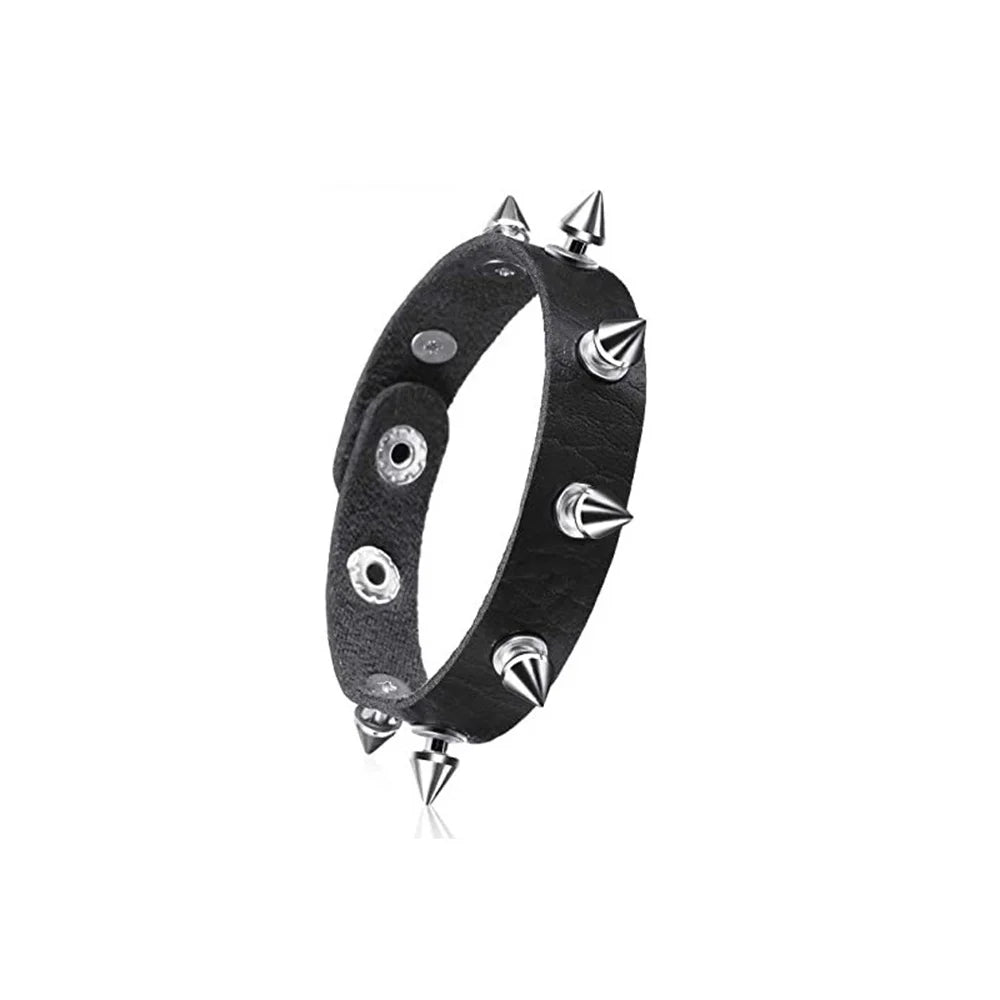 Set of black leather cuff bracelets with spiked detailing