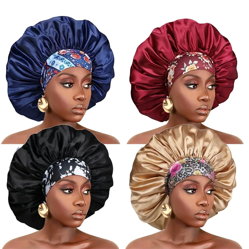 Four satin sleep bonnets in navy blue, maroon, black, and gold tones shown on models.