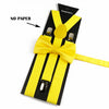 A set of yellow and black polyester suspenders with bow ties displayed on a black background.