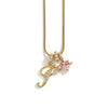 Gold letter D and flower pendant necklace with pink gemstone accents