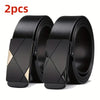 Two black men's automatic buckle casual belts are shown rolled up.