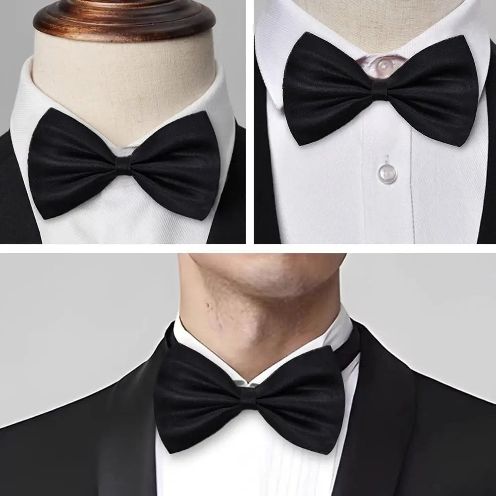 Classic black knit bow tie for men shown on a mannequin and a model's neck.