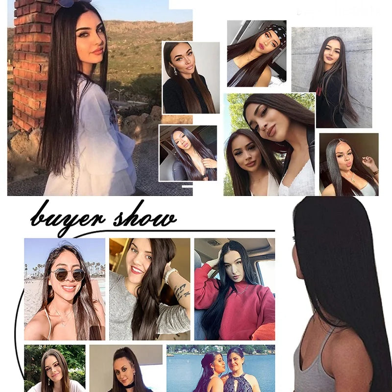 A collage of various women showcasing long straight hair extensions and natural styling looks.