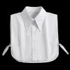 White fashion blouse with a false collar and detachable neckline shown against a black background.
