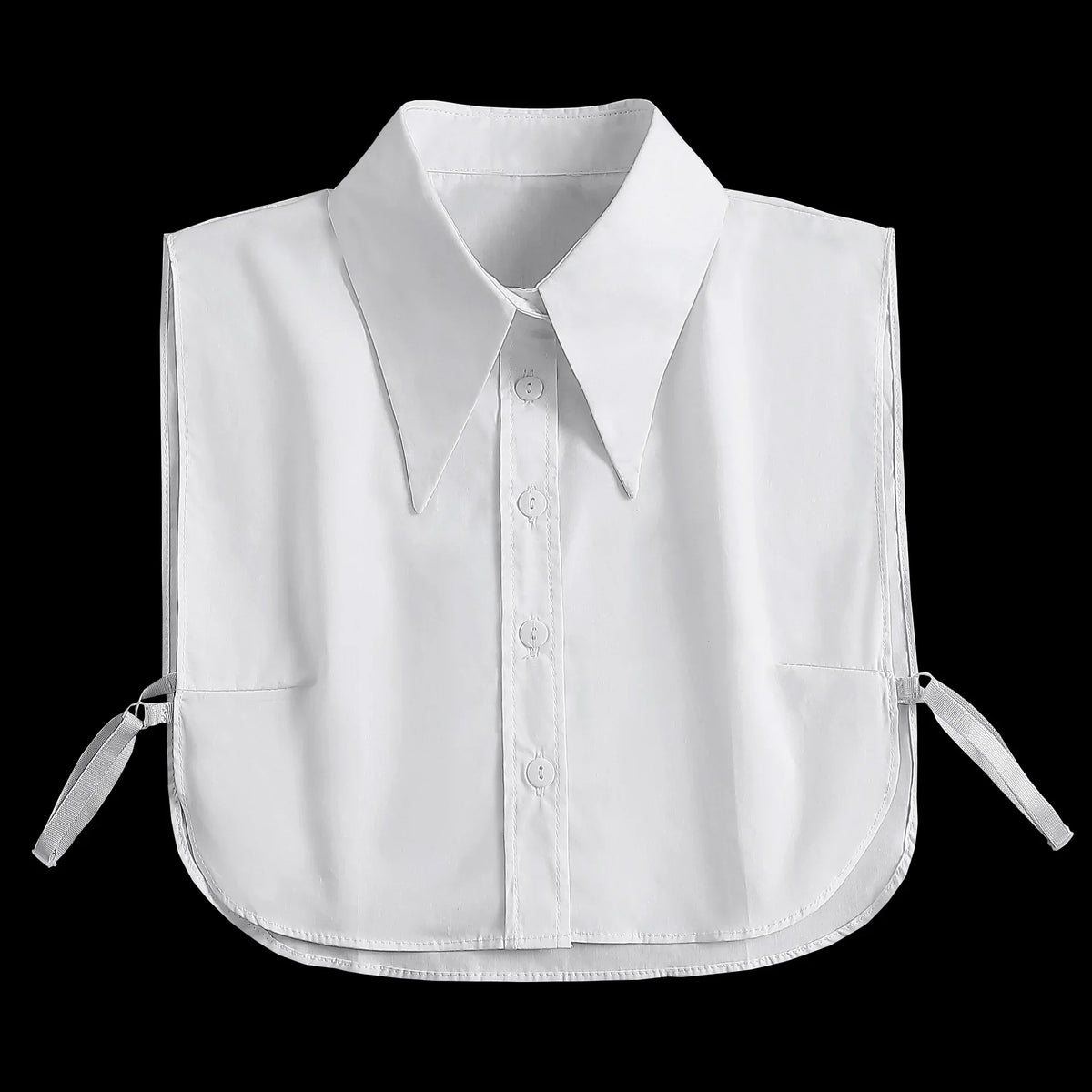 White fashion blouse with a false collar and detachable neckline shown against a black background.