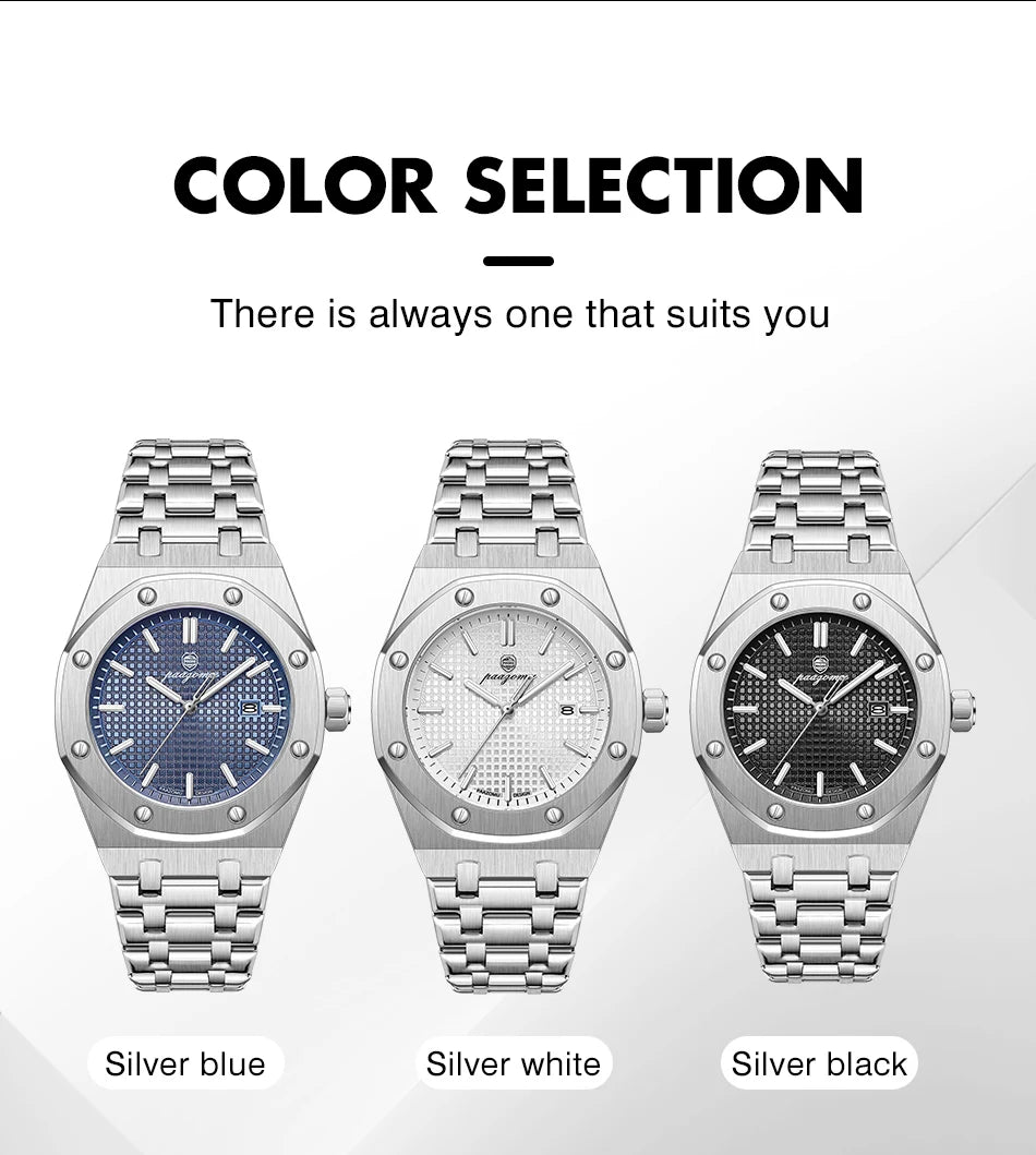 Three silver quartz watches in blue, white, and black colors displayed for selection.