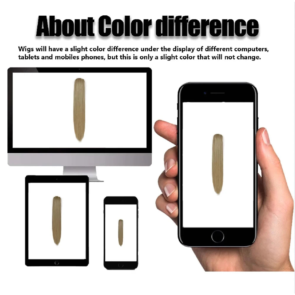 Demonstration of a slight color difference in wigs displayed on computer monitors, tablets, and mobile phones.