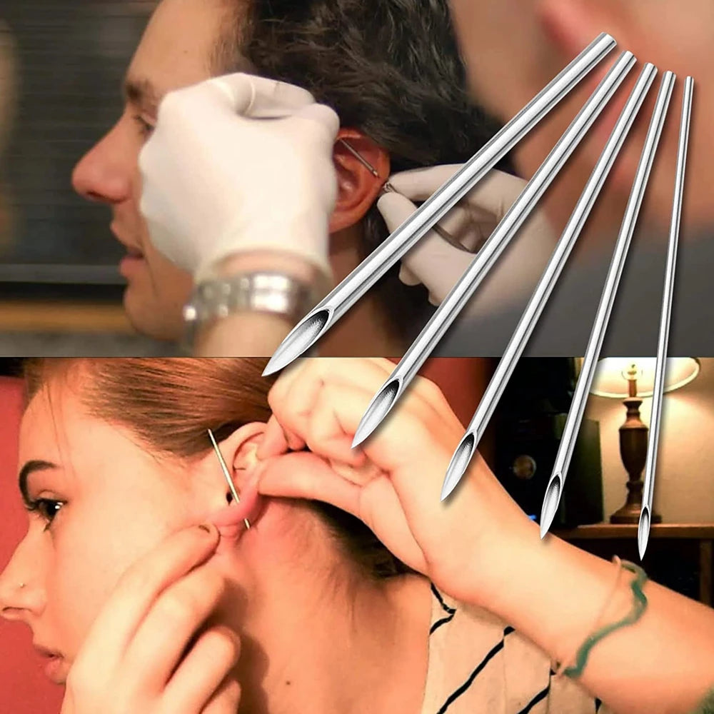 A close-up of a person's ear showing a set of disposable sterile piercing needles being used for body piercing.