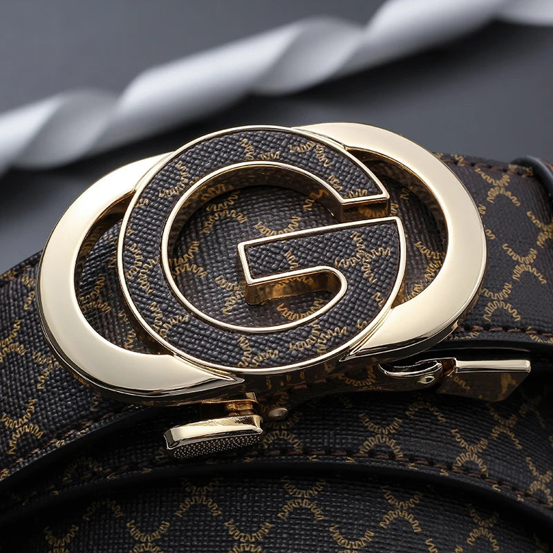A close-up of a men's luxury faux leather plaid waist belt with a gold-toned buckle and black patterned leather.