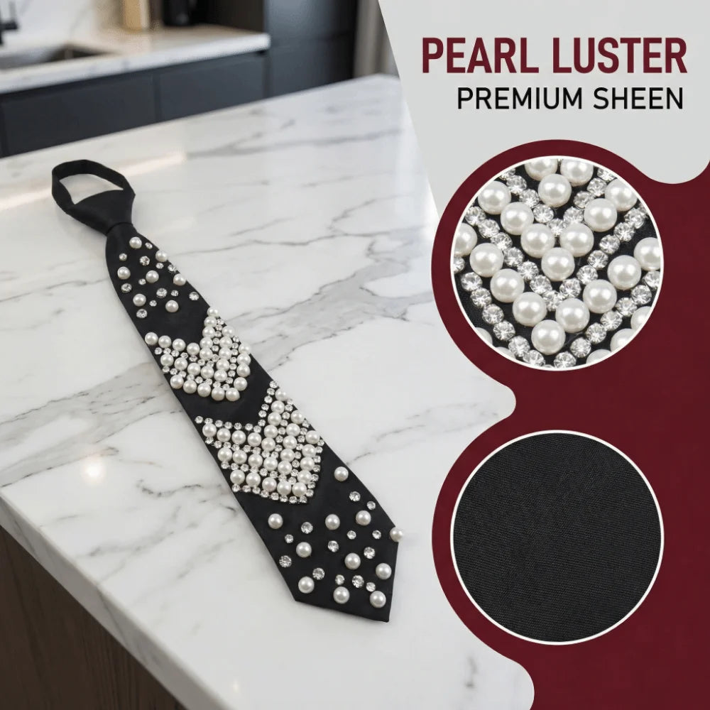 Elegant black rhinestone pearl tie featuring a premium sheen and decorative embellishments.