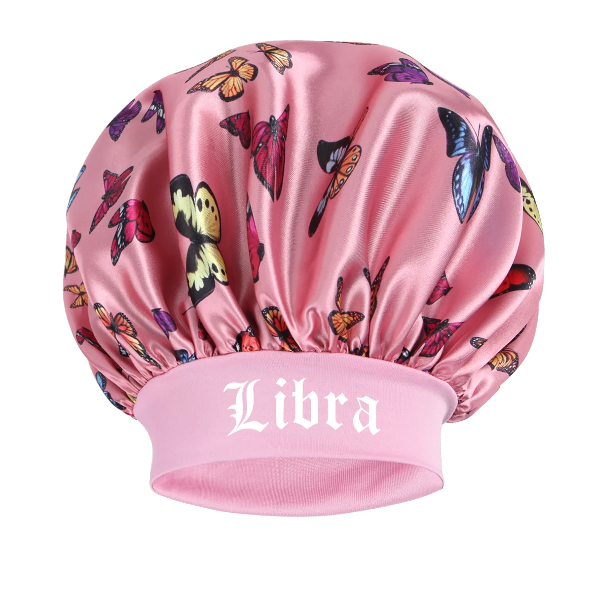 Pink butterfly satin sleep bonnet and headband set with Libra embroidery