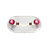 A clear plastic magnetic clip with two pink gemstones used to hold eyeglasses.