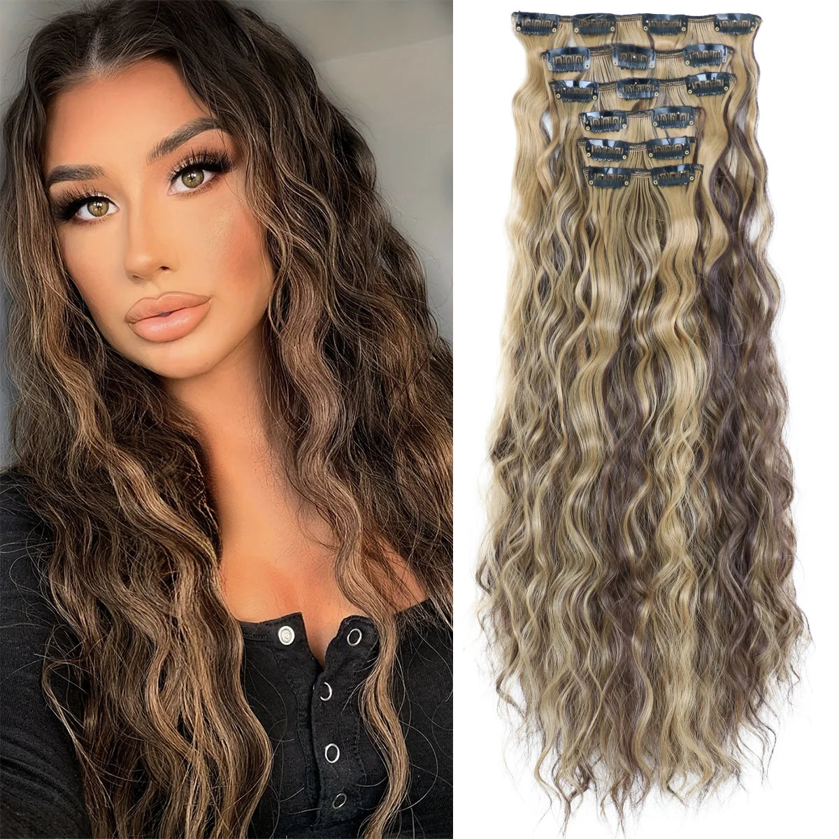 Long, wavy brown hair extension with blonde highlights and 16 clips