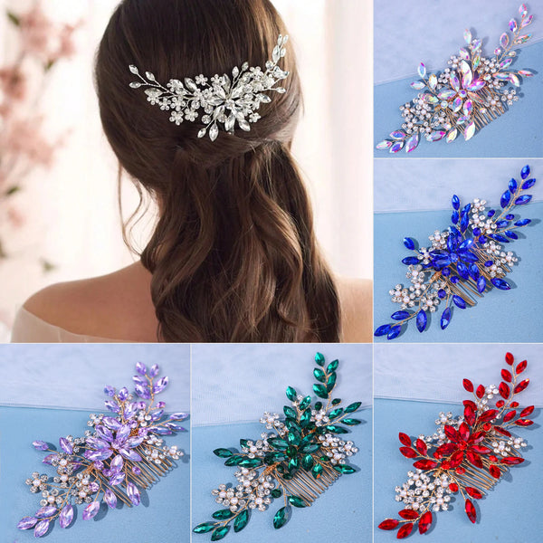 A collection of crystal pearl hair combs and headbands featuring various colors including silver, blue, and red.