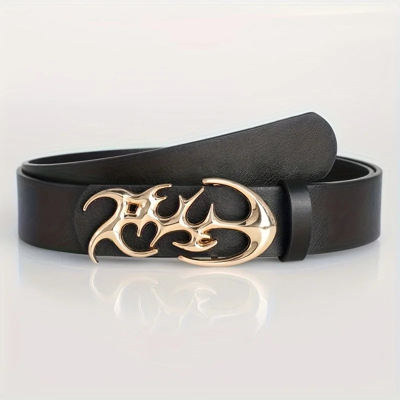 Black PU leather fashion belt with a gold-toned Y2K hollow buckle.