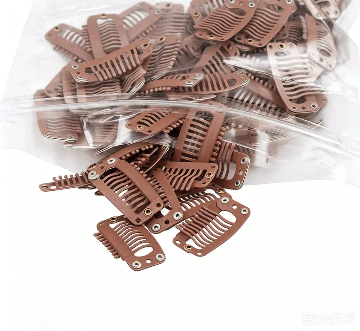 A pile of brown hair extension snap clips for wigs packaged in a clear plastic bag.